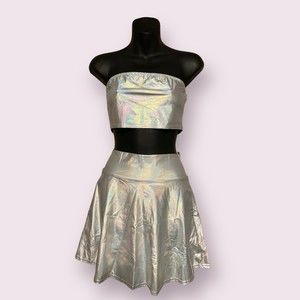 XS/S - Metallic Silver Wet Look Skirt, Top and Shorts 3 Piece Rave Party Costume